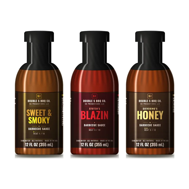 All three Double S BBQ Co. sauces — Sweet & Smoky, Stoten's Blazin, and Sieveking's Honey